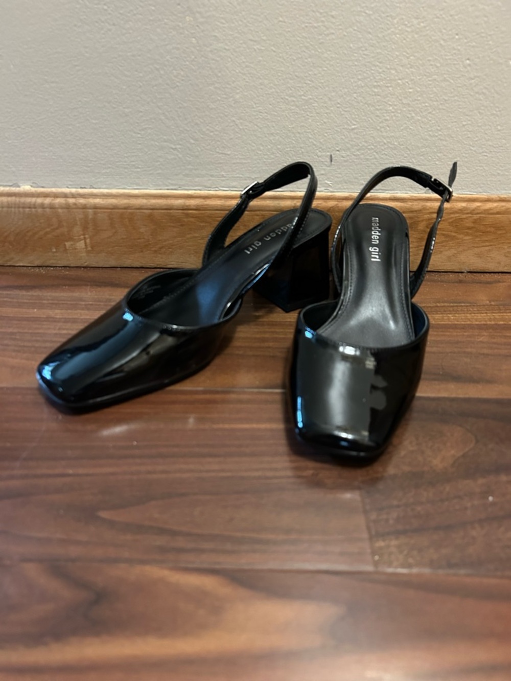 Madden Girl Black Patent Square-Toe Slingback Block Heels